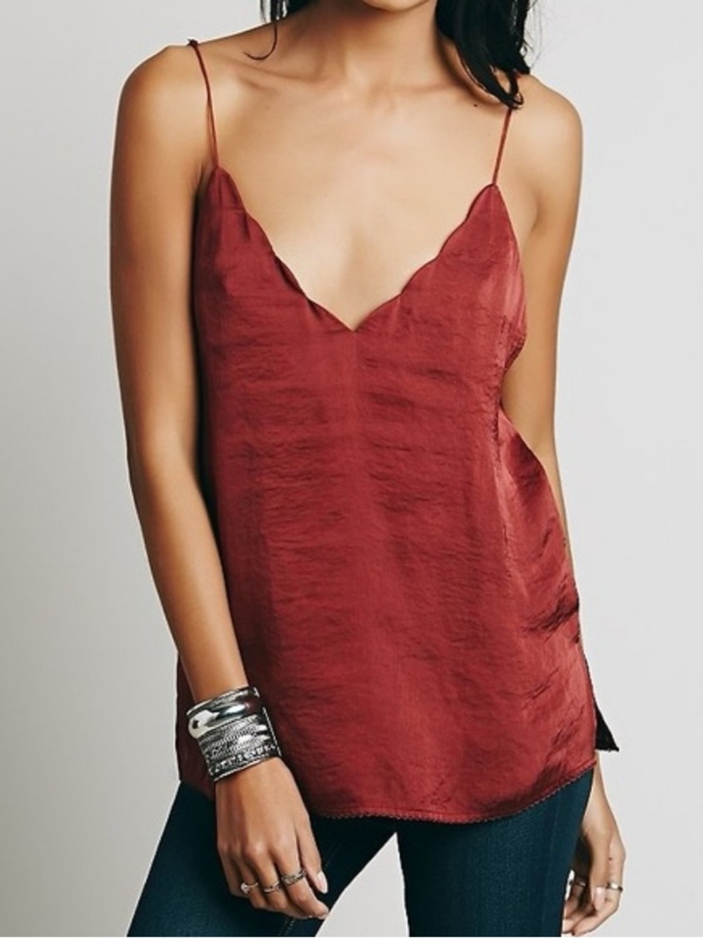 Free People • Sensual Satin Scallop Deep V Cami top tank Burnt Earth rust red